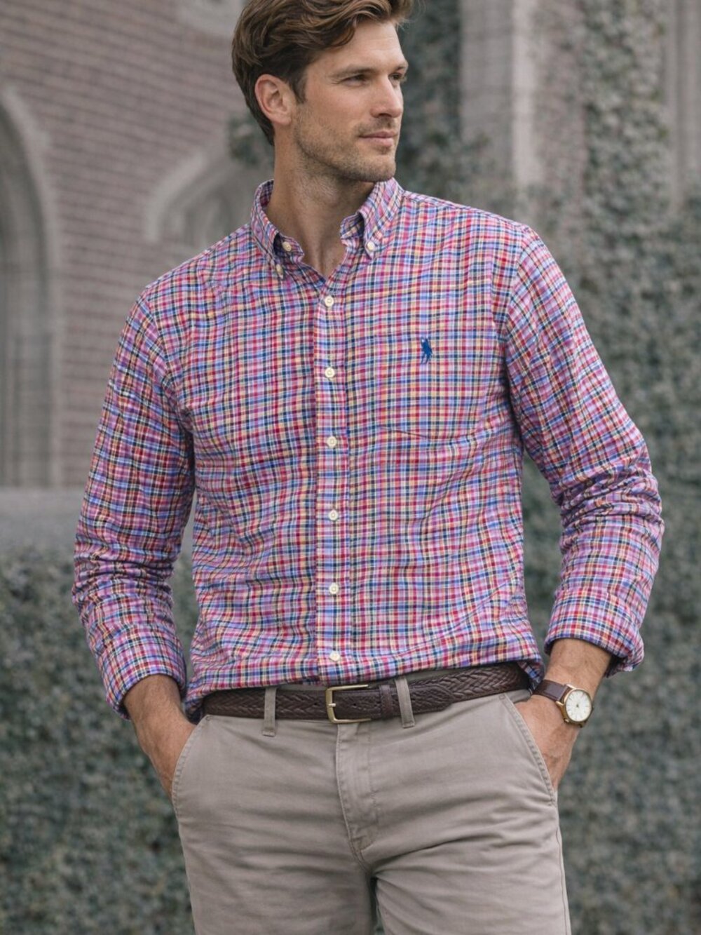 Ralph Lauren Button Down Shirt Mens Large Multi Color Plaid Long Sleeve Preppy‎
